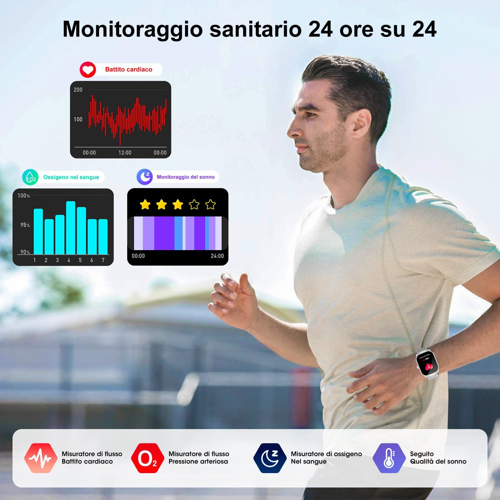 Smartwatch Uomo Donna, fitness tracker da 2,01” con 120+ modalità sportive Monitor della frequenza cardiaca e del sonno e dell'ossigeno nel sangue, orologio fitness impermeabile IP68 per Android iOS