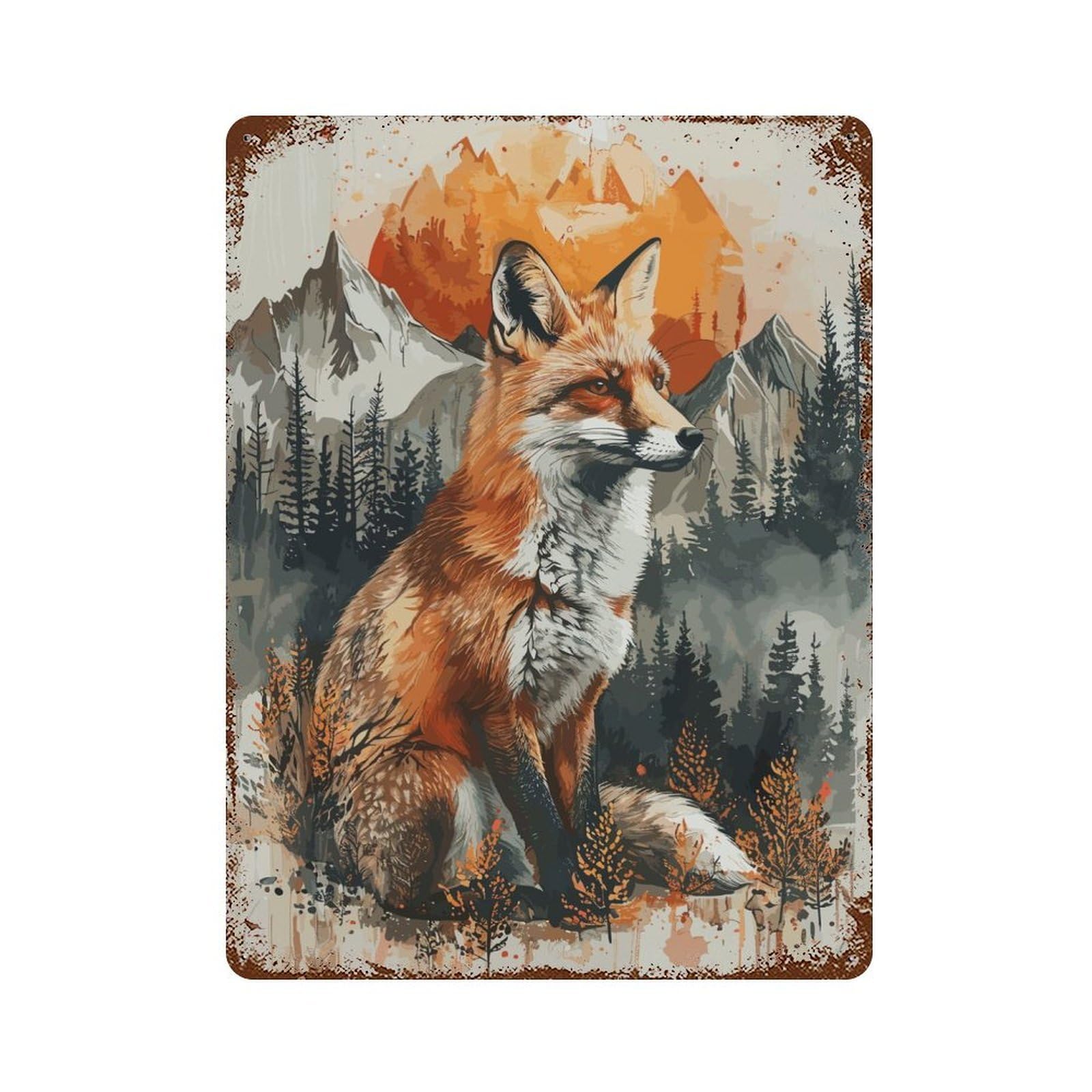 Rust Effect Fox Sunset Watercolor Distressed Metal Wall Sign 15.7"x11.8", Decorative Metal Wall Art for Living Room, Hallway And Home Decor