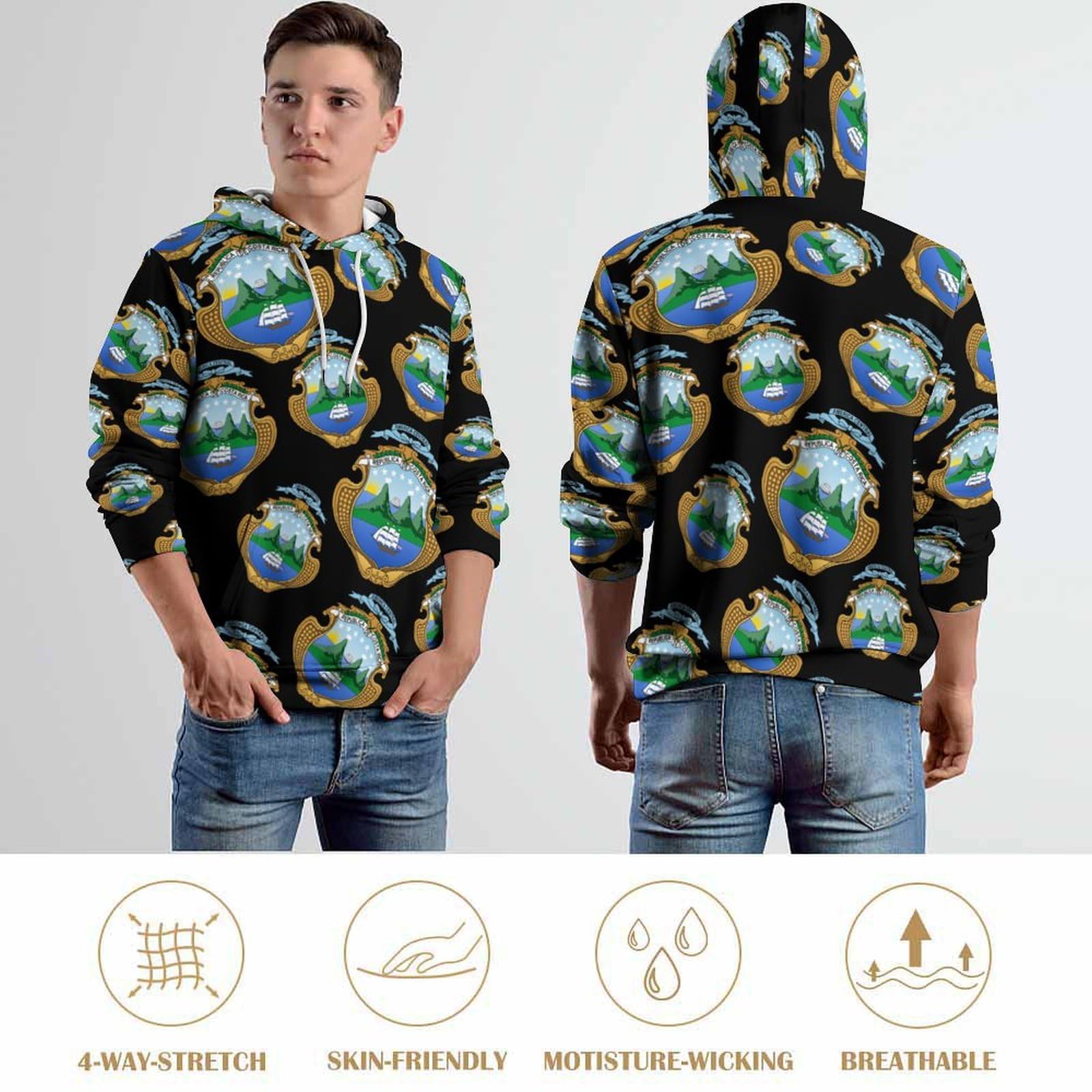 Coat of Arms of Costa-Ri-cas Felpa con cappuccio alla moda per uomo donna manica lunga grafica colorata morbida pullover top