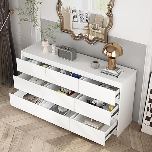 Miniatura 3 de Hitow Cómodas de 9 Cajones Blancos, Cómoda Grande Moderna para Organizar el Dormitorio, Cómoda Larga de Madera con 9 Cajones sin Tiradores, Cómoda