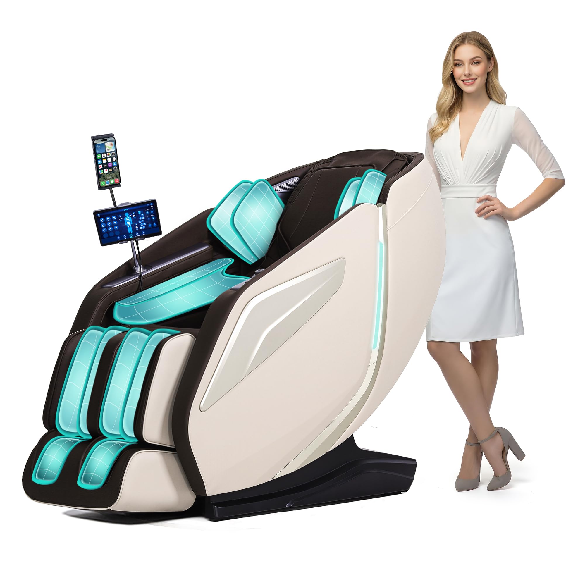 HealthRelife Ganzkörpermassagesessel mit Bodyscan 4D-Robotische Hände Intelligente Shiatsu Massagesitzauflage mit Sprachfunktion Rückenheizung(Braun+Beige)