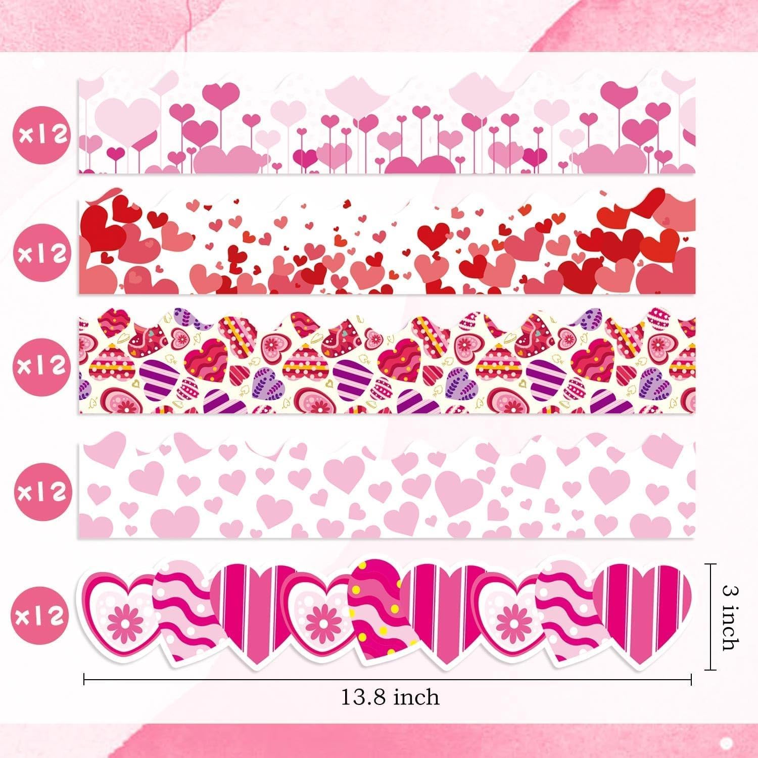 5 Style Mother’s Day Bulletin Board Borders 69Ft Borders Red Pink Sweet Heart Trim Border Die-Cut Heart Shape Decoration for School Classroom Office Party - Image 4