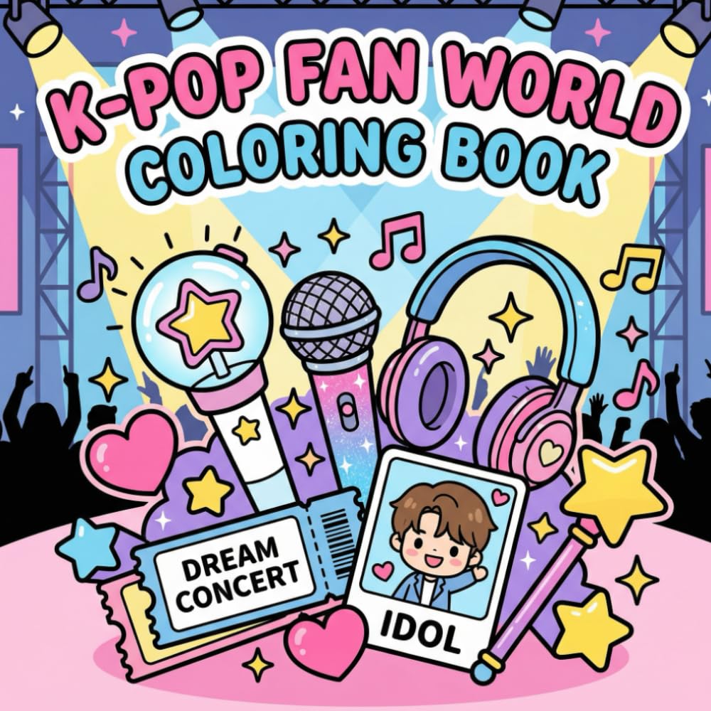 K-POP FAN WORLD COLORING BOOK: Bold and Easy Items For Coloring, Draw Cozy Things, idol, Dream Concert Ticket and A Lot Of Things For Kids & Adults