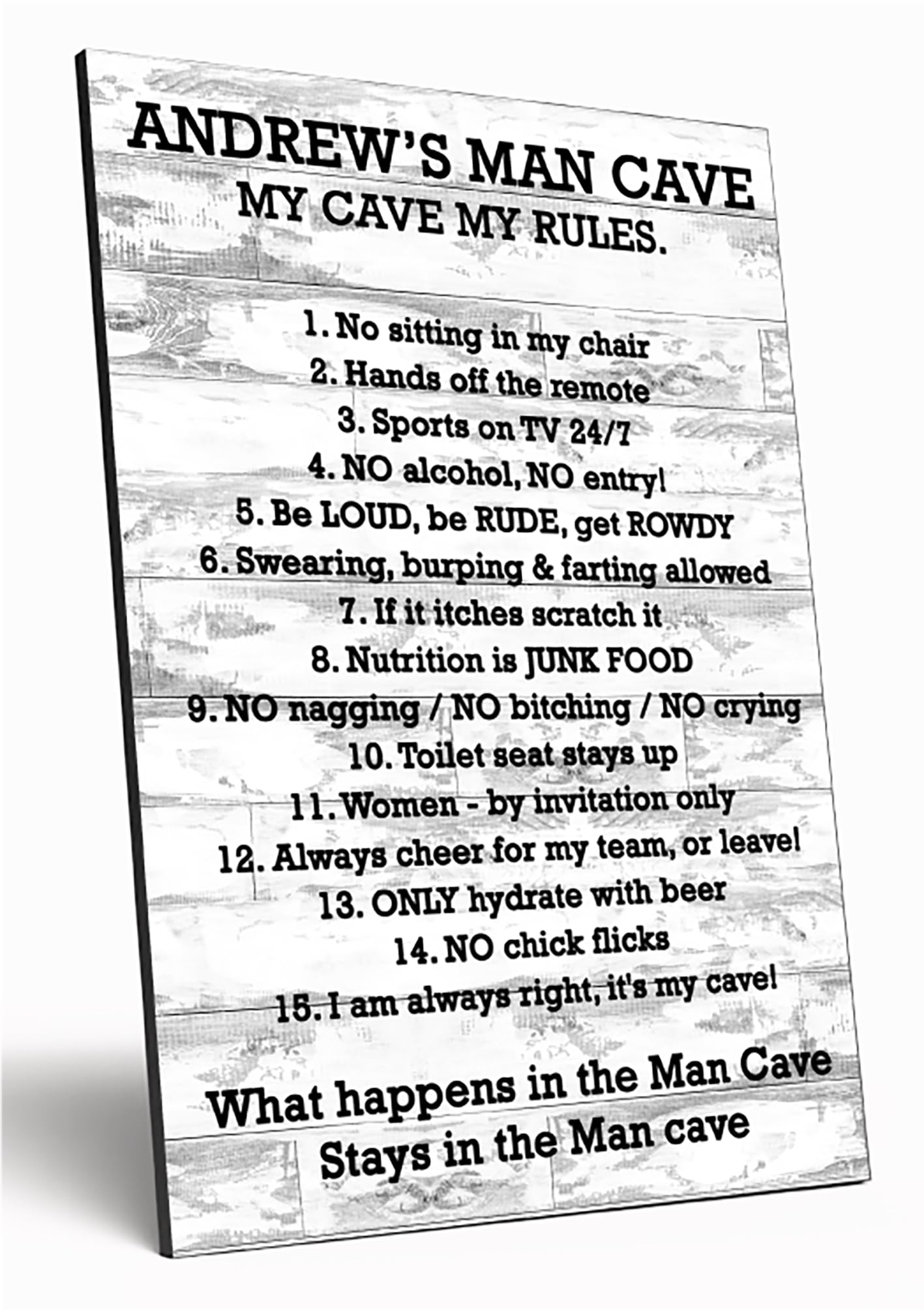 The Plum Penguin Men's Distressed White Wood Personalised Man Cave Sign Wooden Funny A4 Wood Wall Art For Dad Grandad Uncle My Cave, My Rules Mdf Custom Plaque (Distressed White Wood)