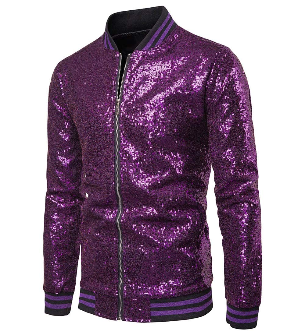 Annstar Men's Sequin Jacket Zip Blazer Baseball Tops Sparkle Metallic Nightclub Long Sleeve Down 70s Disco Varsity Bomber Shirt Party Costume (2XL, Purple)