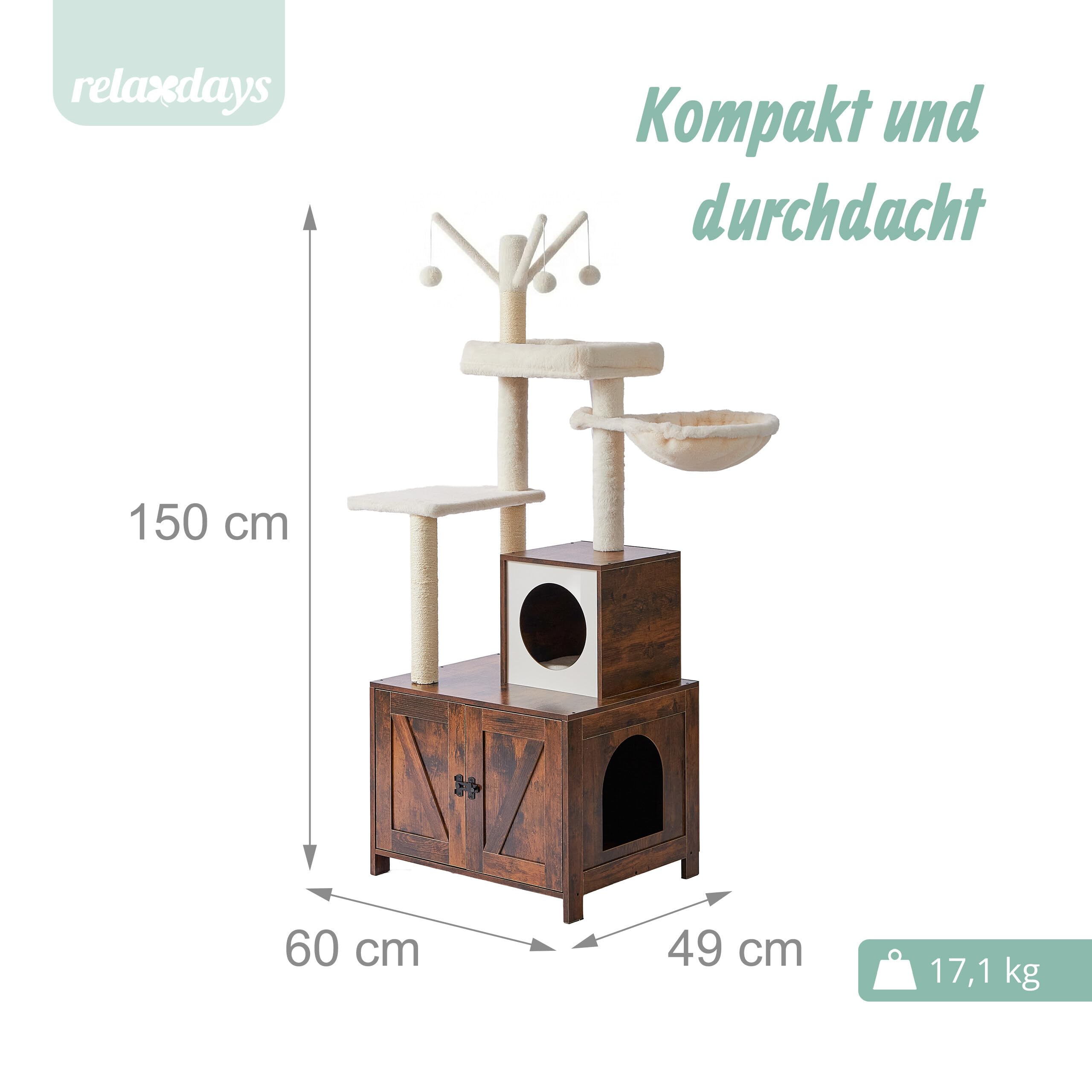 Relaxdays Kratzbaum mit Katzenkloschrank, HBT: 150 x 60 x 49 cm, Sisalstämme & Liegemulde, Industrial, Dunkelbraun/weiß