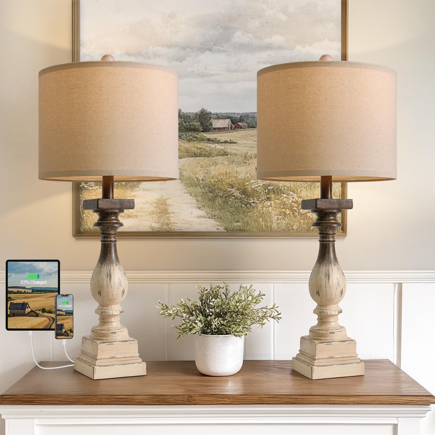 27 inch farmhouse table lamps with usb ports linen shade