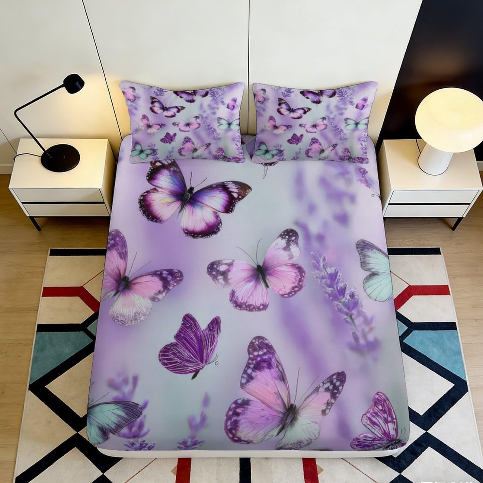Jqzkxnhpbr Style-5 3D Printed Purple Butterfly Fitted Sheet Microfiber Soft Bedroom Decor Lavender Mattress Cover For Home Guest Room Teen 90X200x25cm