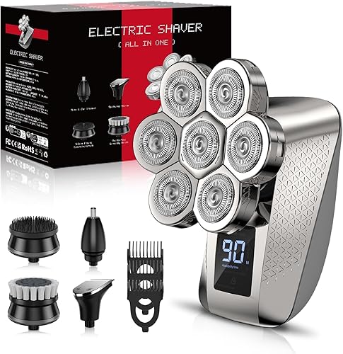 Vexloria - Afeitadoras de cabeza para hombres calvos, afeitadora impermeable IPX7, afeitadora giratoria recargable 7D, kit de aseo 5 en 1 para