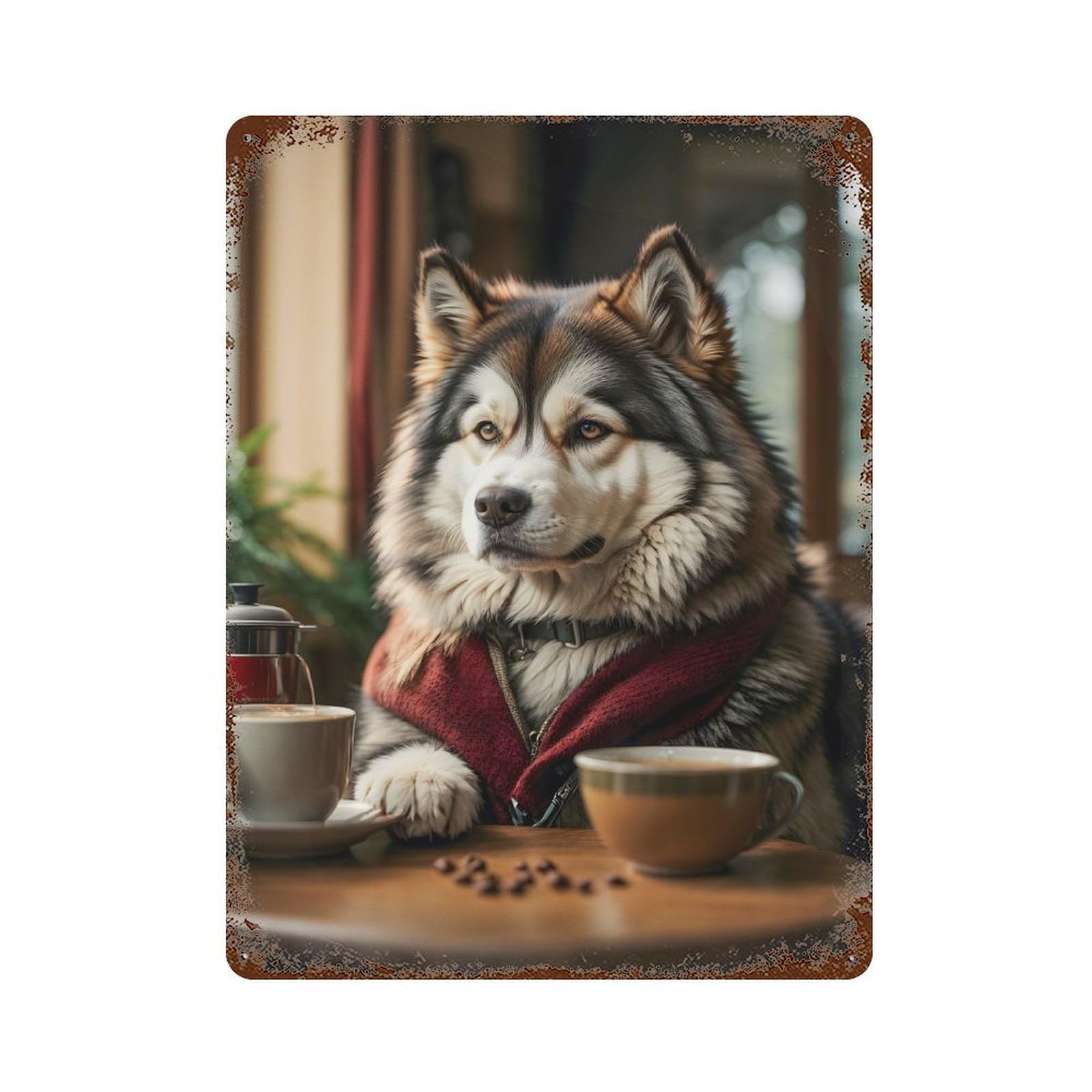 Dog Enjoying Morning Coffe Vintage Rust Metal Sign 15.7"x11.8", for Pub, Kitchen And Man Cave Decor, Rustic Home Decor