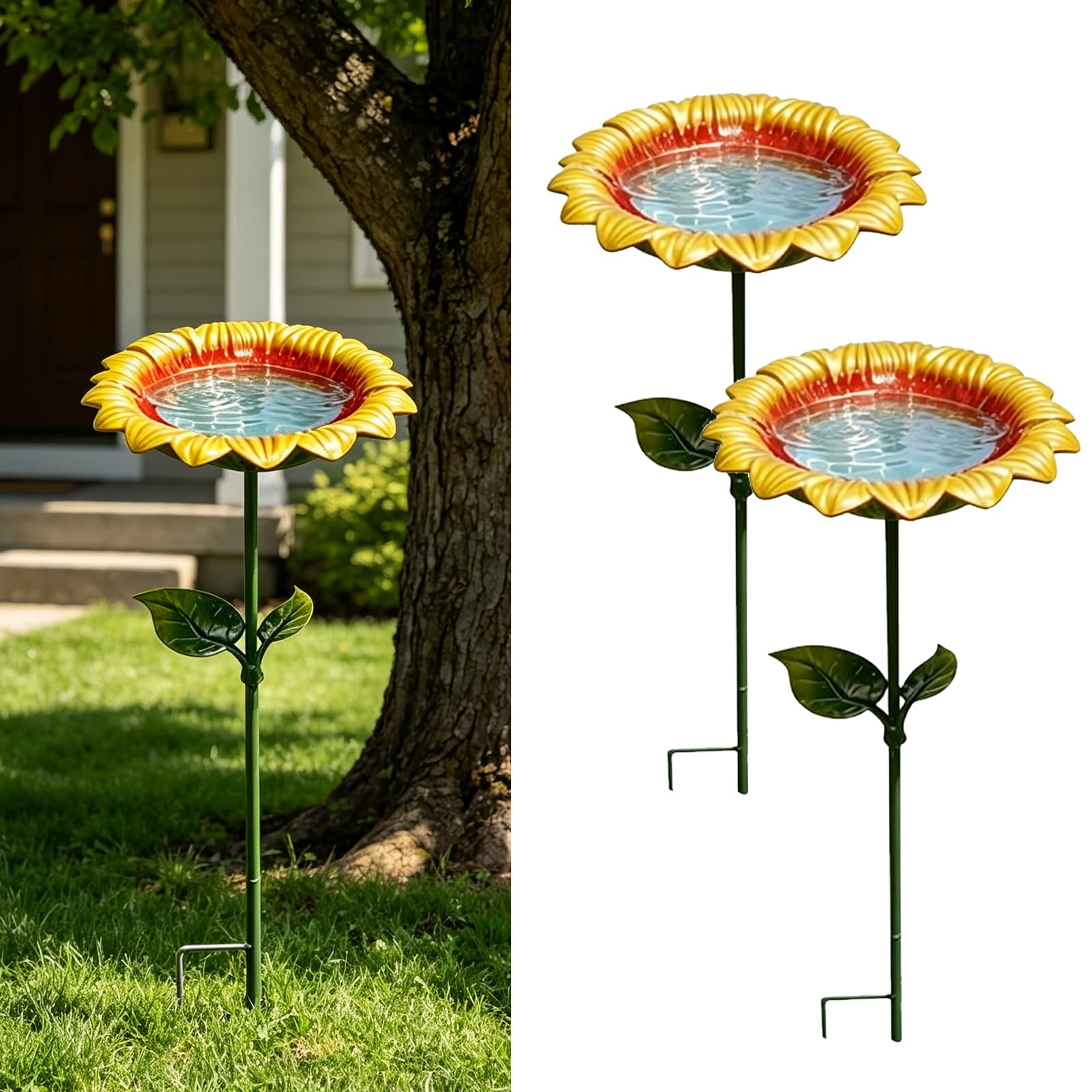 Vogeltränke Stehend, Metall Vogelbad Stehend im Sonnenblumen Design, Vogelfutterspender Vogeltränke Garten, Wassertränke für Vögel, Gartendeko für Draußen Wetterfest (5 Stück)