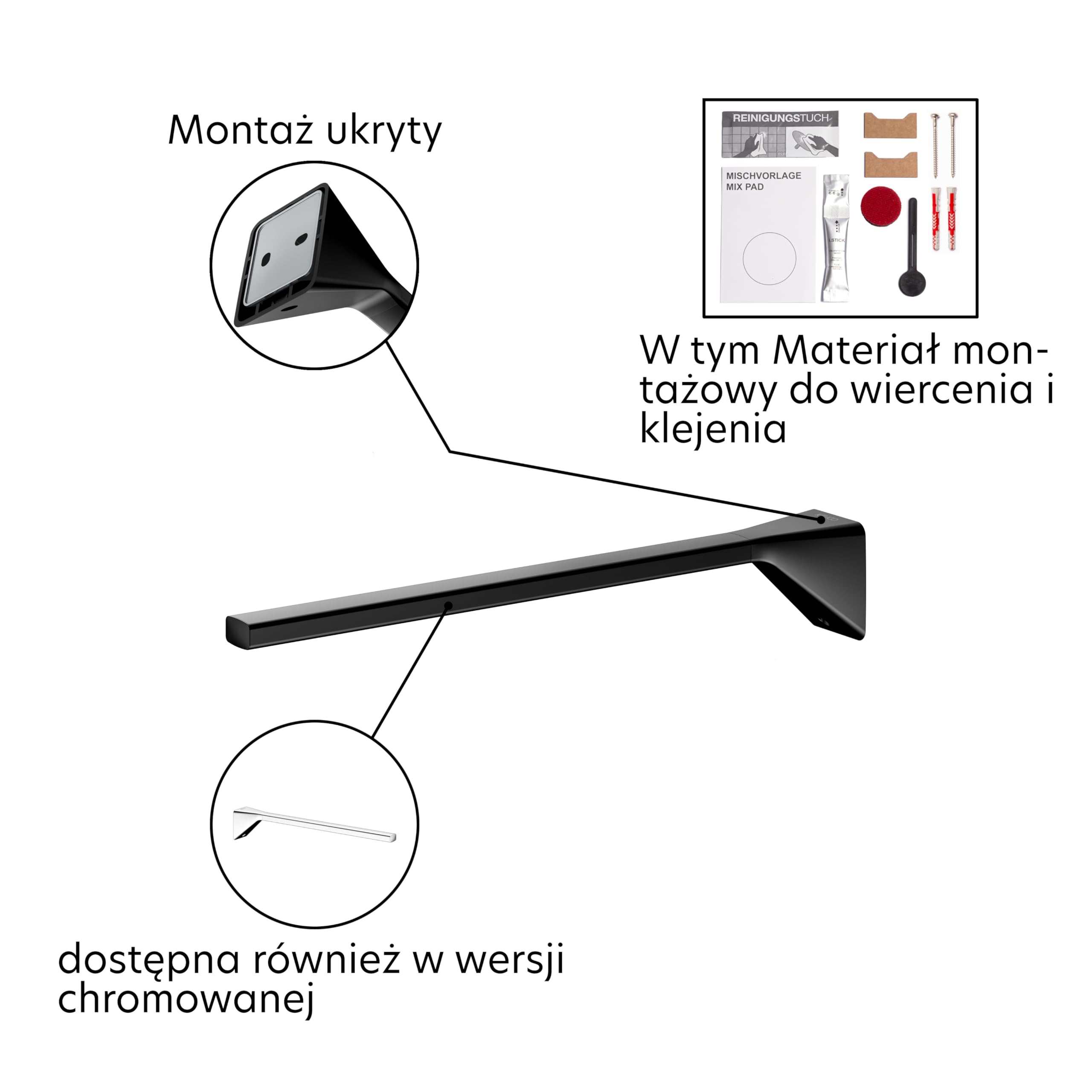 Keuco Rose Wieszak na ręcznik, jednoramienny, 34 cm, bez wiercenia, czerń | sztywny, Wyprodukowano w Niemczech, z zestawem do klejenia i wkręcania, uchwytem na ręcznik do klejenia lub wkręcania