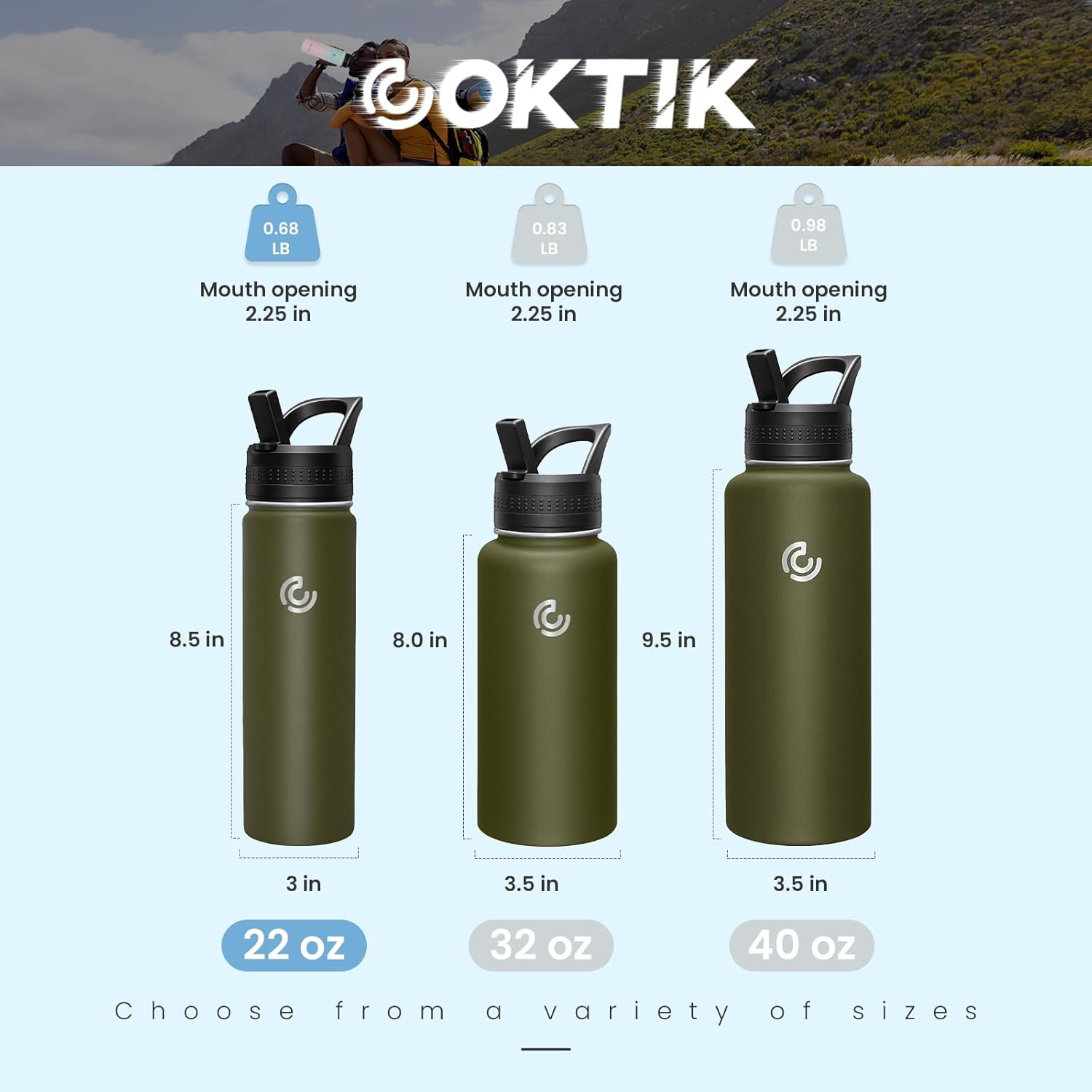 COKTIK 22oz Sports Water Bottle, Stainless Steel Water Bottle for Insulated, Reusable Travel Bottle, With Straw, With Handle Grip for Easy Carrying, Suitable for Cycling, Outdoor Vacations(Army Green)