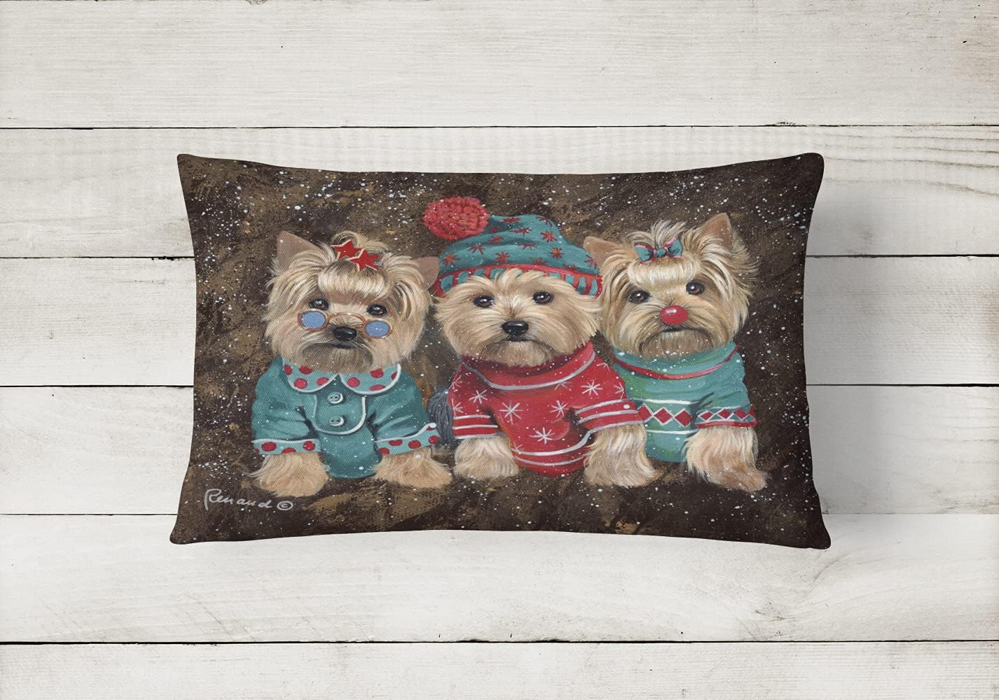 Caroline's Treasures PPP3291PW1216 Yorkshire Terrier Yorkie Christmas Elves Canvas Fabric Decorative Pillow Machine Washable, Indoor Outdoor Decorative Pillow for Couch, Bed or Patio, 12HX16W