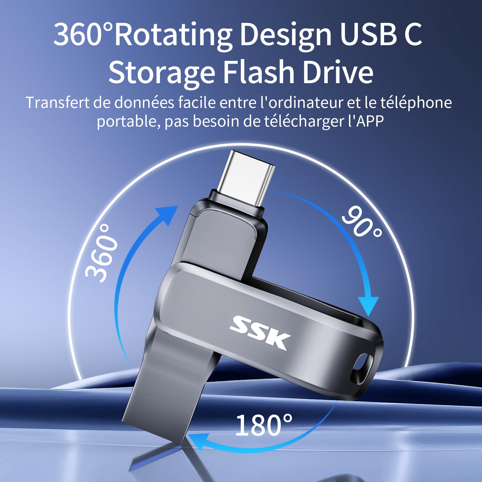 SSK Cle USB 3.2 256 Go, Vitesse de Lecture jusqu'à 200MB/S, clé USB Double avec Type C et USBA,Clef-USB Robuste en métal Noir pour Smartphone, Tablettes, MacOS,iphone 15 Stockage,Voiture,TV