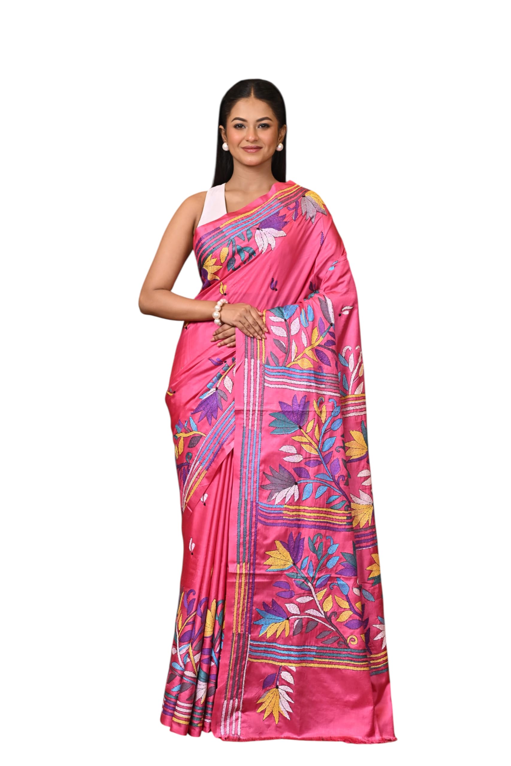 Blended Silk Kantha Stitch Saree Pink-image-8