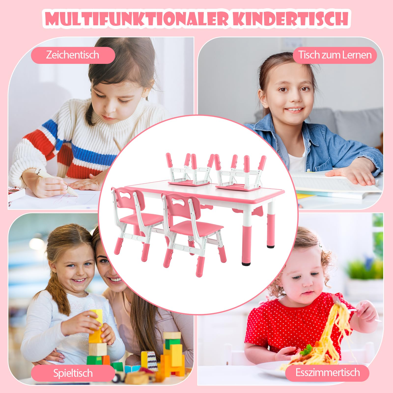 DREAMADE Kindertisch mit 4 Stühlen, Höhenverstellbares Kinder Tisch und Stuhl Set mit Graffititischplatte & rutschfesten Beinen, Kindersitzgruppe Kindermöbel für Kindergärten und Kinderzimmer (Rosa)