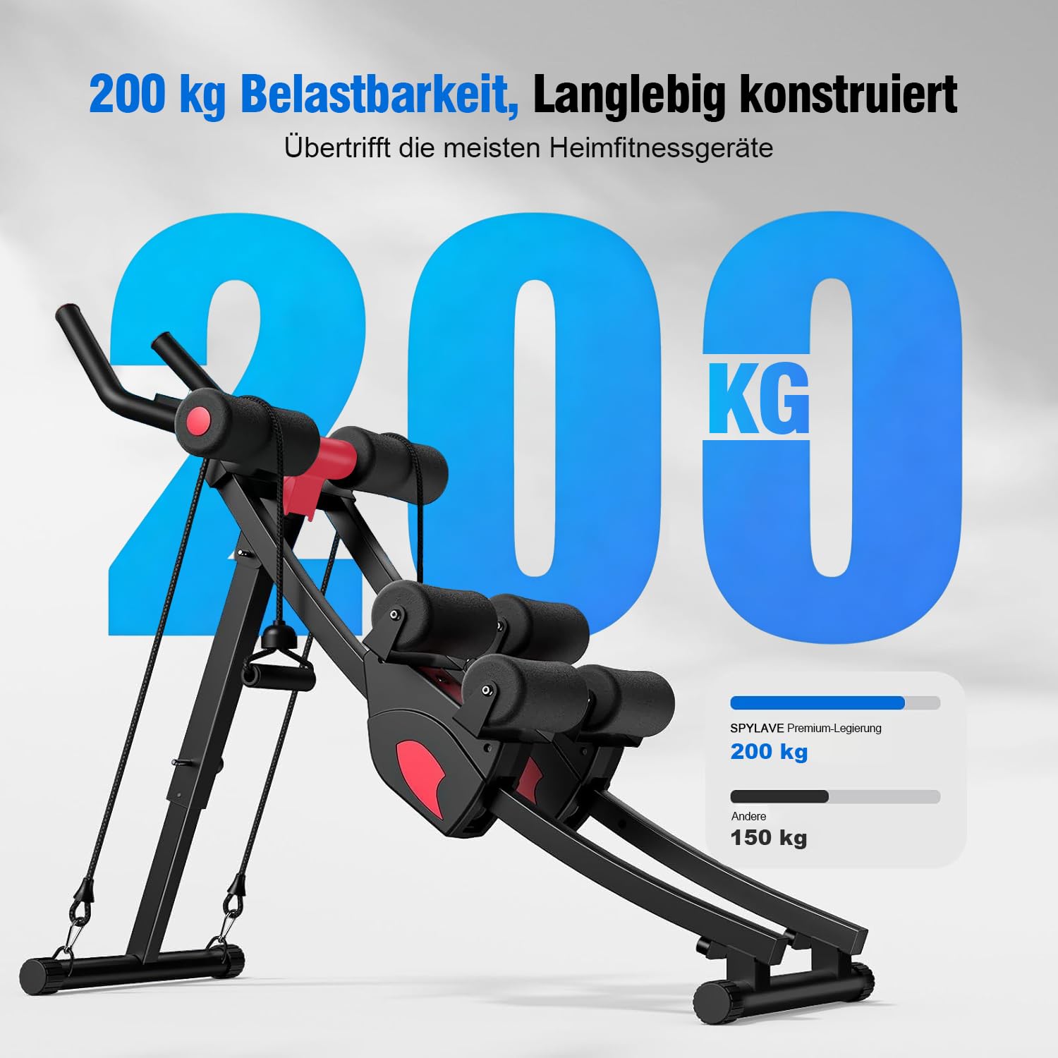 Bauchtrainer für Zuhause, Verstellbarer Bauchmuskeltrainer mit Doppel-Schienensystem, 200 kg belastbar, klappbar, Ganzkörper-Trainingsgerät fürs Home Gym, Widerstandsbänder & LCD-Monitor