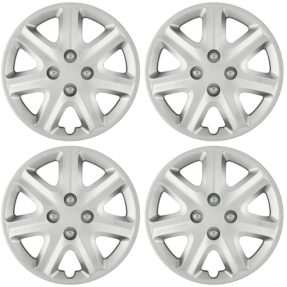 OxGord 15 inch Silver Snap-On Hubcaps with 7 Spoke Compatible with 2003-2005 Honda Civic Standard Steel Wheel Covers