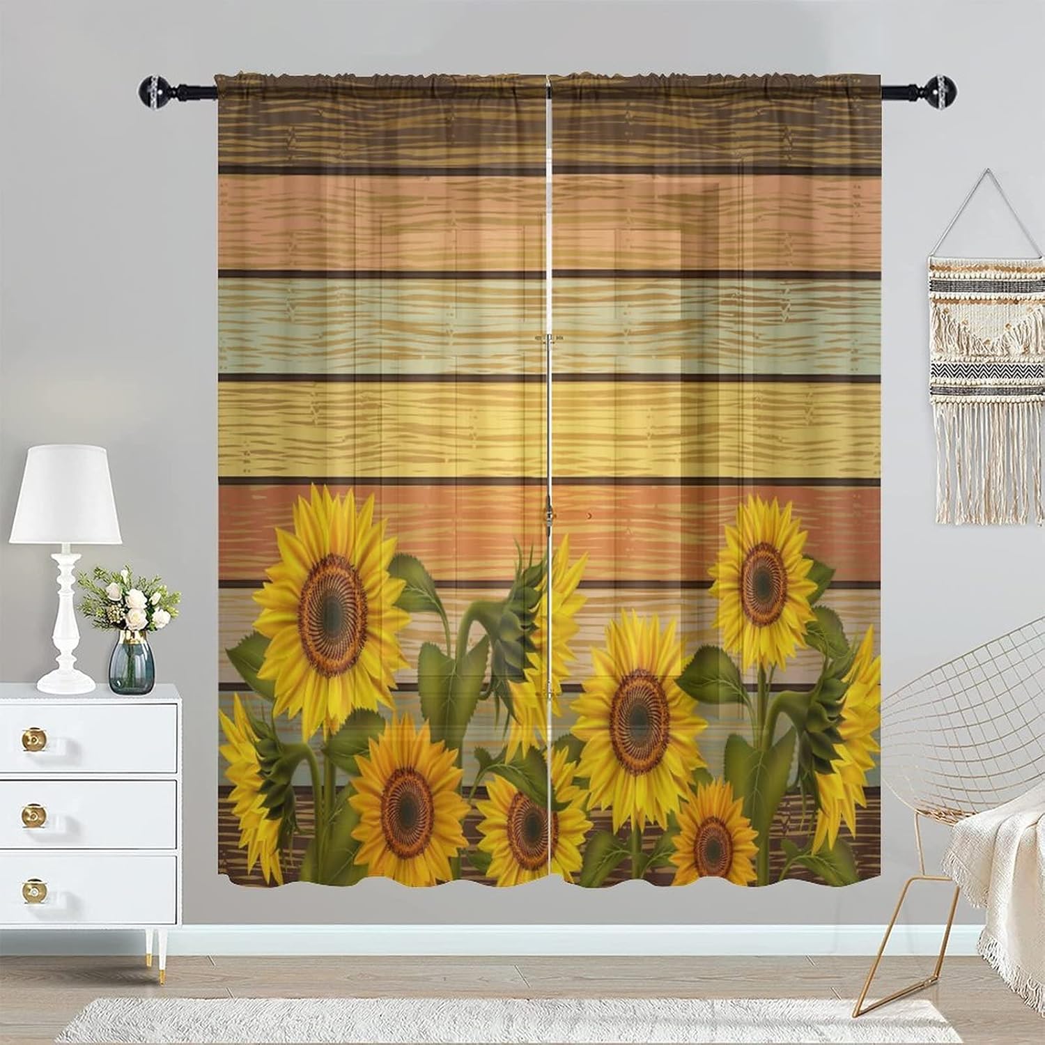 Sunflower Curtain Drapes, Watercolor Yellow Floral