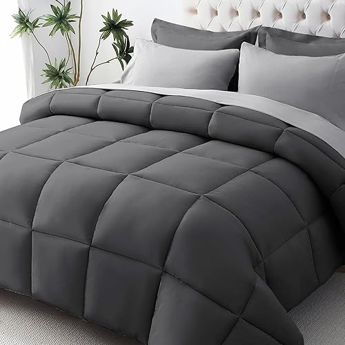JOLLYVOGUE Queen Comforter Set, Ultra-Soft Bed in a Bag Queen Size 7 Pieces, Oeko-TEX Certified Bedding Set with Down Alternative Comforter, Sheets, Pillowcases & Shams, Dark & Light Grey