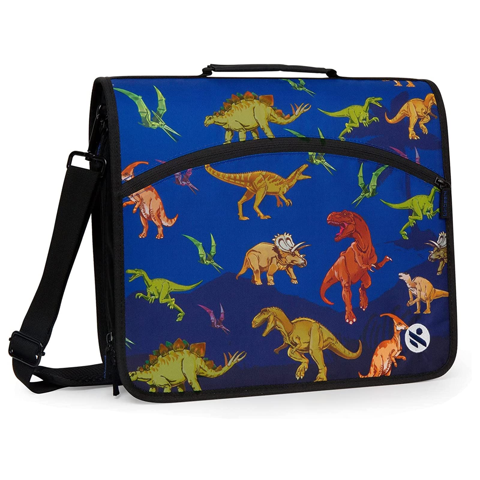 Kinbashi Dinosaur Zipper Binder, 3-Inch Round Ring Binder with Expanding Files and Shoulder Strap for School Supplies, Blue