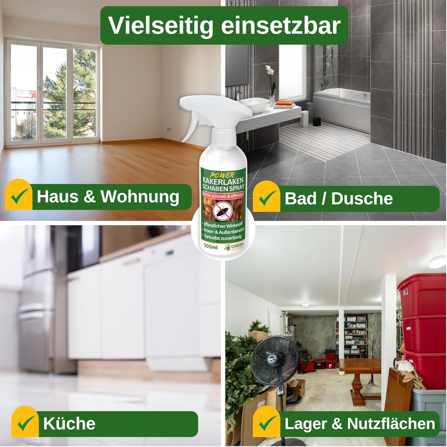 GREEN GUARDIA Kakerlaken/Schaben Abwehrspray – Sprühfertiges Power Konzentrat mit pflanzlichen Ölen | 500 ml für Innen & Außen | sofort, effektiv & nachhaltig