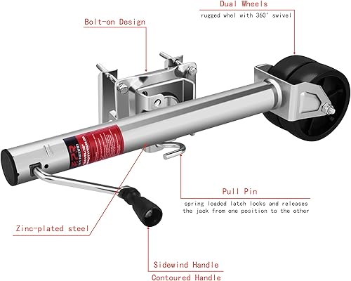 Miniatura 4 de OPENROAD Gato de remolque de barco de 1500 libras con ruedas dobles, gato giratorio de elevación de 12 pulgadas con tornillo trasero giratorio, gato