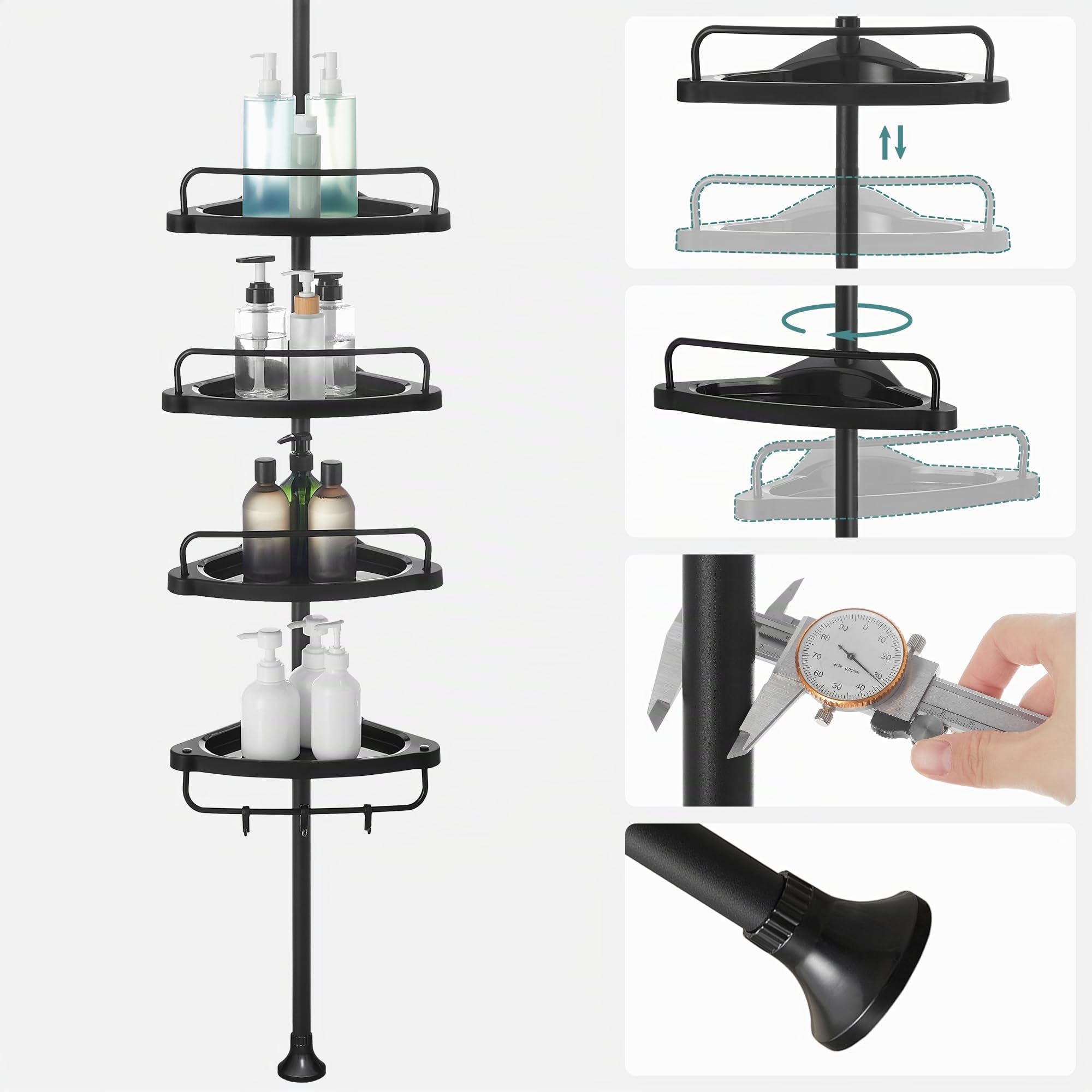 SONGMICS Étagère de Douche Réglable 4 Niveaux, Étagère d'angle Télescopique, Hauteur 85-305 cm, Rangement Salle de Bain Noir