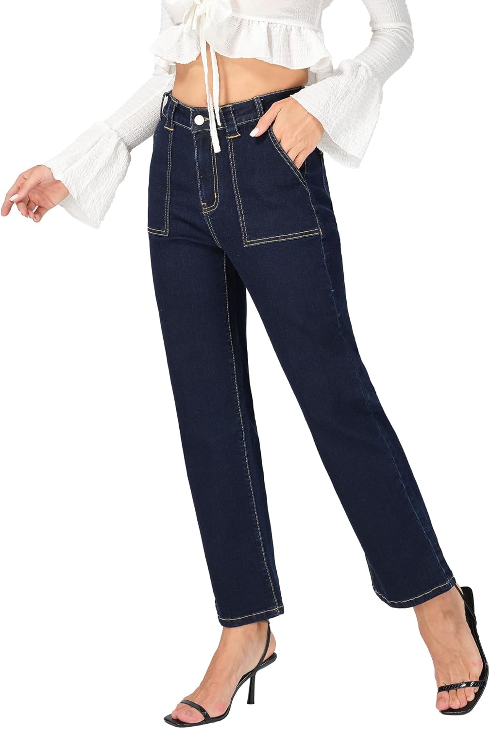 Women's Straight Leg Petite Jeans High Waisted Stretchy Cropped Denim Ankle Pants - Image 2