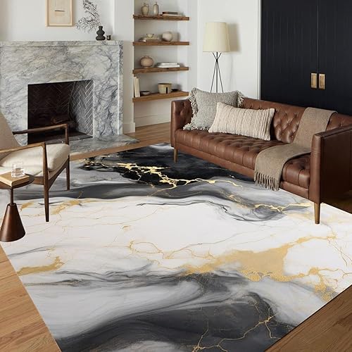 Miniatura 4 de Alfombra moderna con diseño abstracto de mármol, 10 x 12 pulgadas, color negro, gris, dorado, suave, lavable, para sala de estar, dormitorio,
