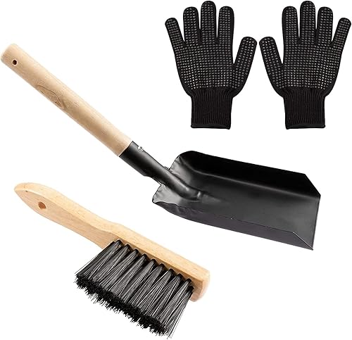 Juego de pala y cepillo para cenizas de chimenea, pala de metal para carbón y cepillo para el hogar, herramientas grandes para chimenea con guantes