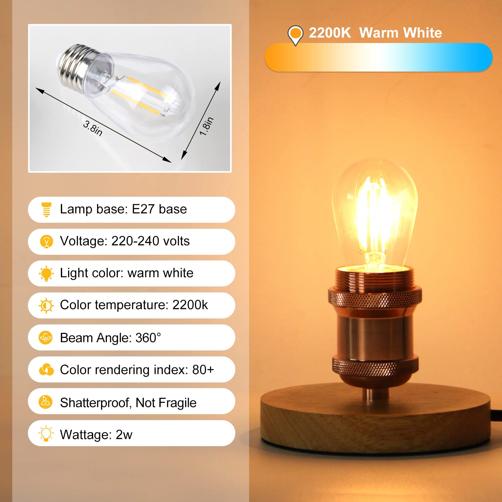 BRIMAX 25 sztuk Żarówka Led 2200K Ciepła biel E27 2W Edison Żarówka 2W = 20 W 230 V S14 Lampa Led Przezroczyste szkło Wymiana żarówek do łańcuchów świetlnych Oświetlenie wewnętrzne i zewnętrzne