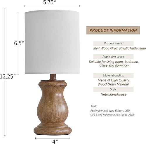 Miniatura 2 de OYEARS - Lámpara de mesa pequeña de 12.25 pulgadas para dormitorio, sala de estar, simple, retro, de grano de madera, lámparas de noche adecuadas