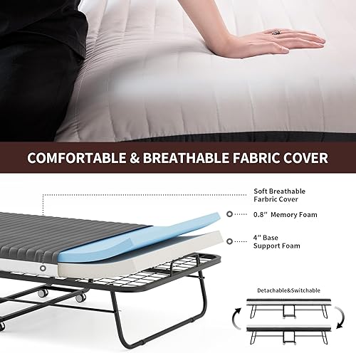 Miniatura 6 de Cama plegable con colchón de espuma viscoelástica, cama plegable de 75 x 31 pulgadas para adultos, cama plegable con marco de metal portátil que