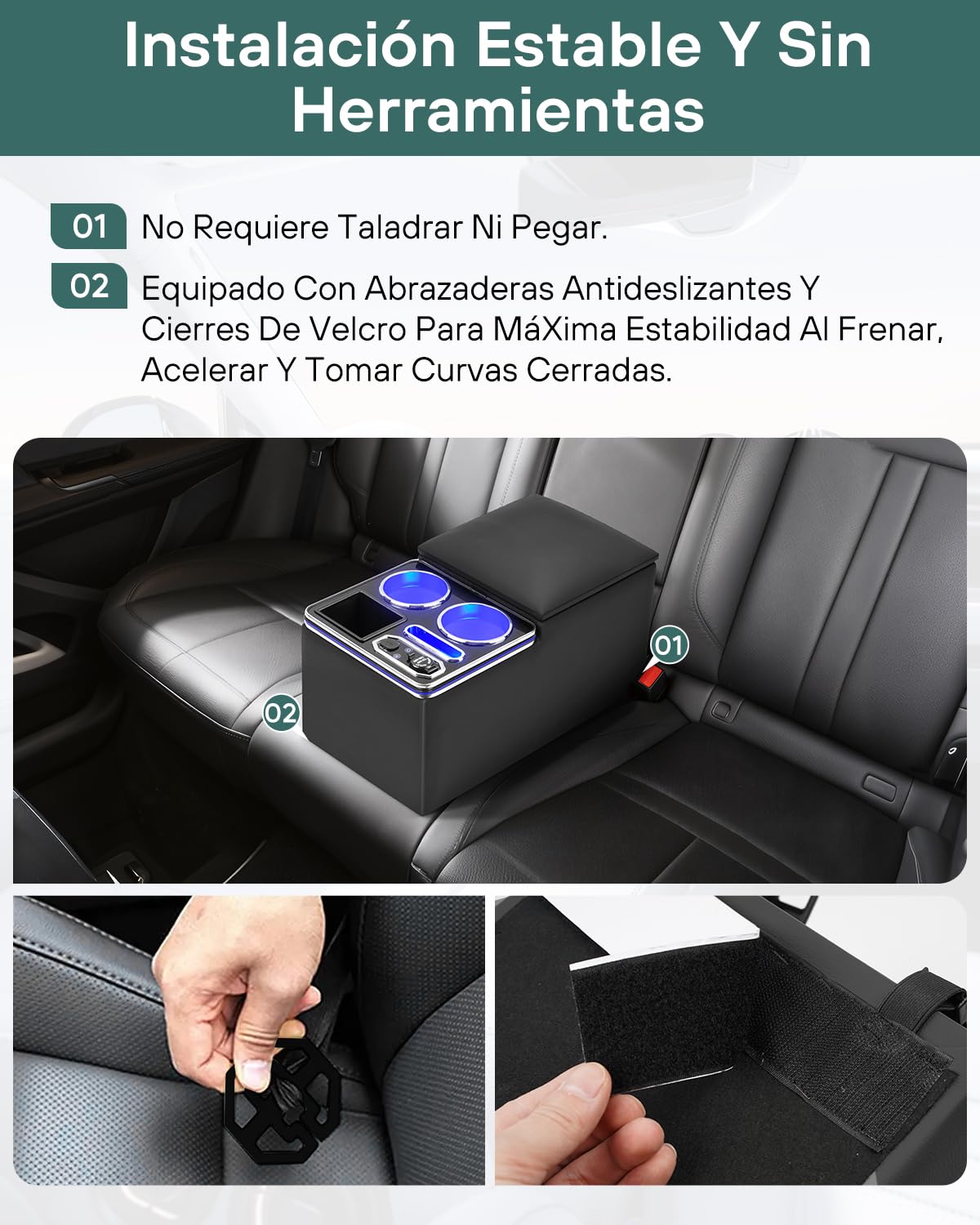 Consola Central Coche Universal con Compartimentos de Almacenamiento, Carga Inalámbrica y Luces LED de 7 Colores, para Van, SUV, Camión, Autobús y Coches de más de 4.7 m