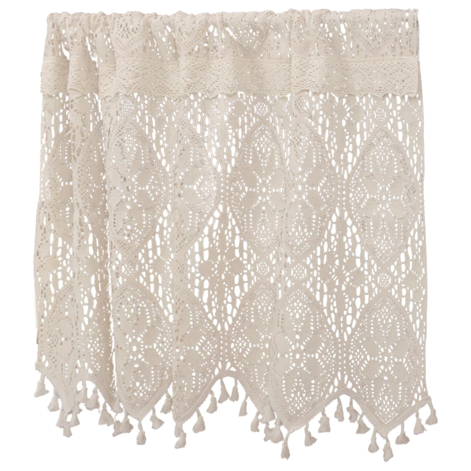 Cantonnière vintage en crochet faite à la main en dentelle de coton avec pompons, rideau court pour cuisine, porte et armoire