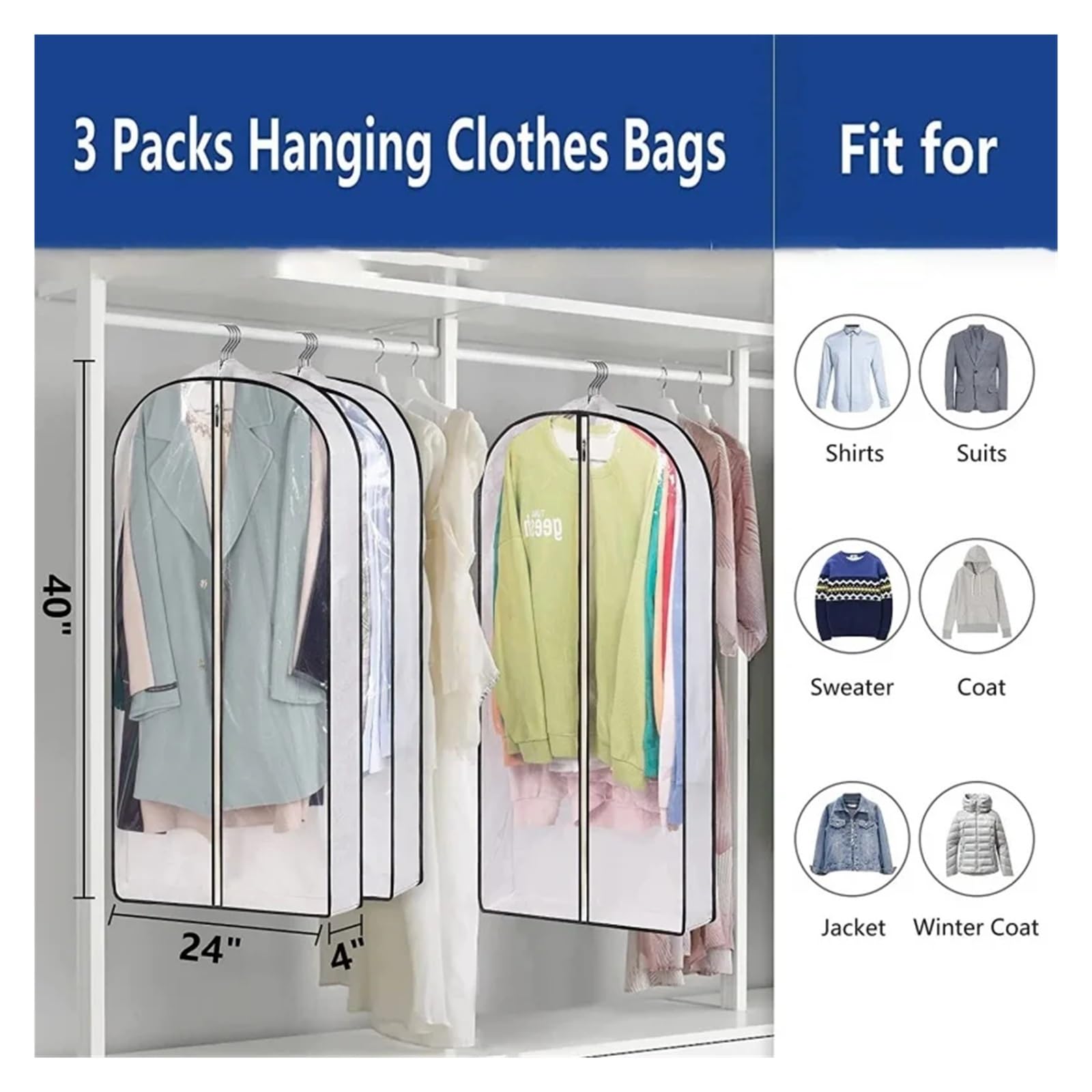 fundas para ropa 1-10PCS Washable Clothing Dust Cover Household Transparent Waterproof Suit Black Edge Clothes Storage Hanging Bag(White-3PCS,60X100CM)
