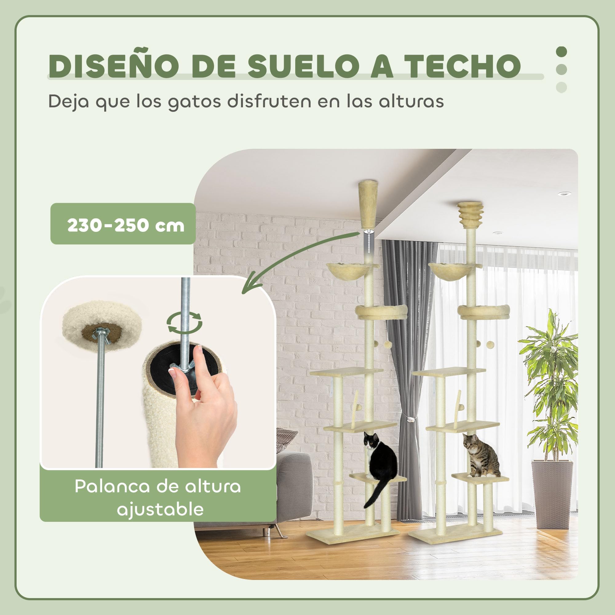 PawHut Árbol para Gatos de Suelo a Techo Altura Ajustable 230-250 cm Beige | Árbol Rascador para Gatos, Múltiples Plataformas, Cestos, Hamaca, Bolas Colgantes