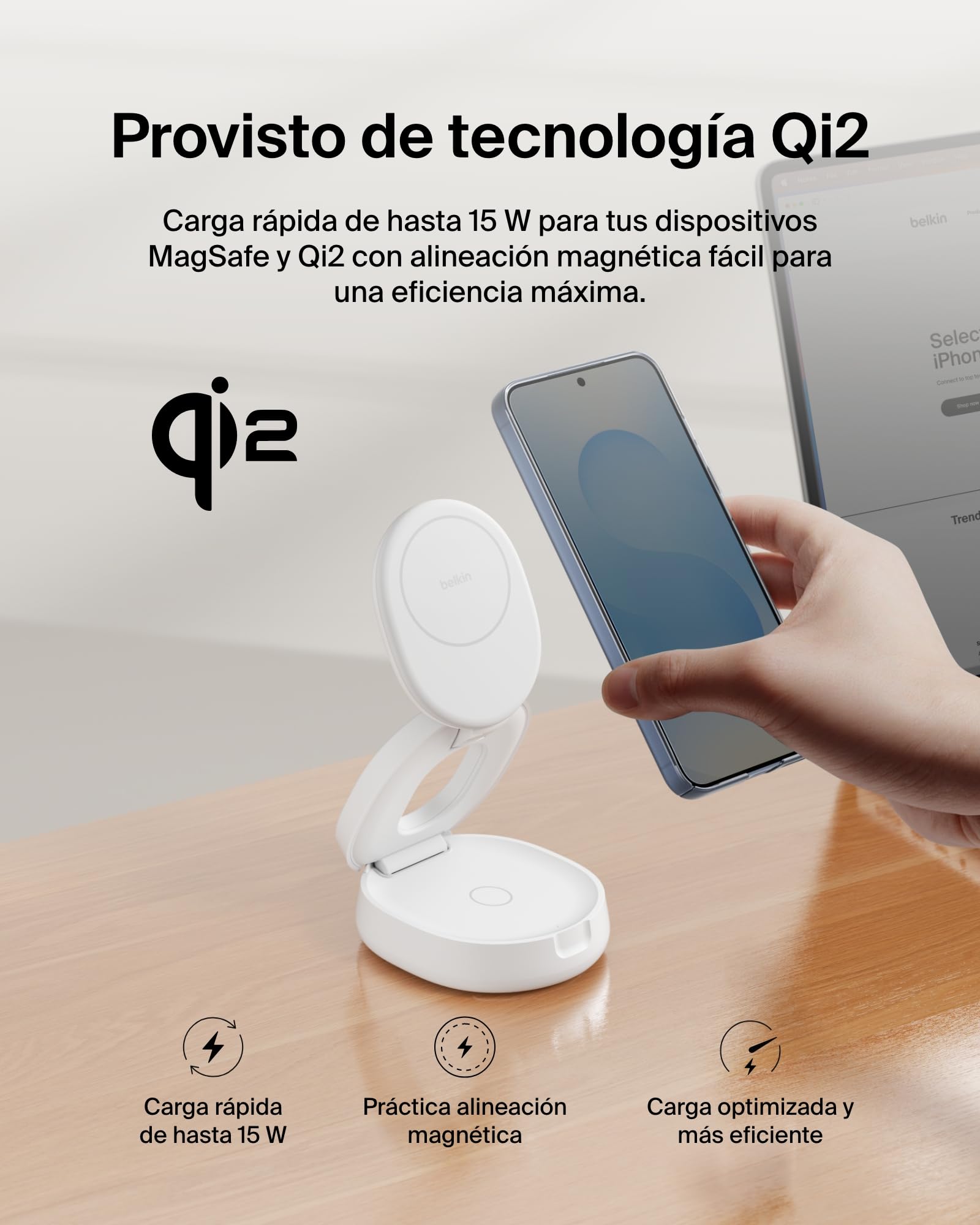 Belkin BoostCharge Cargador Inalámbrico 2 en 1, Estación de Carga Plegable 15W, Qi2 Compatible con MagSafe, iPhone 17, Air, AirPods, Pixelsnap, Fuente de alimentación de 30W - Blanco