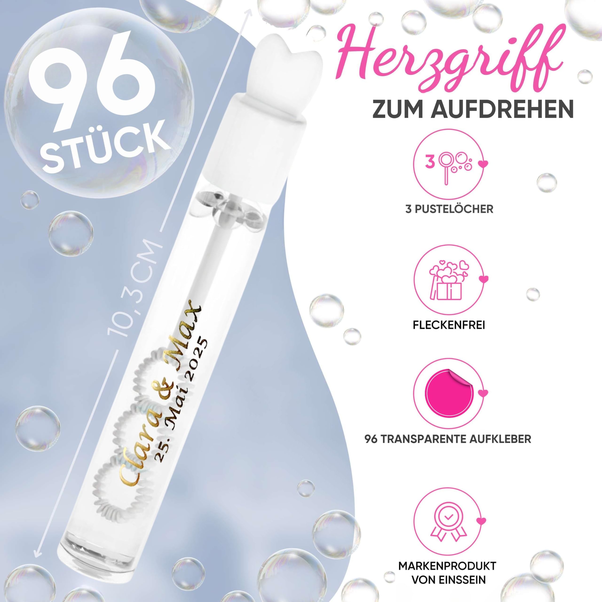 EinsSein personalisierte Seifenblasen Hochzeit Lovegläschen Weiss 96 Stück | Seifenblasen mit Aufkleber als Gastgeschenke auch für die Taufe Geburtstag Party | Hochzeitsseifenblasen | Wedding Bubbles