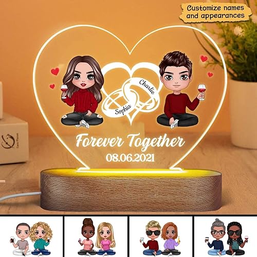 Miniatura 3 de Apeso Placa de corazón personalizada con nombre de pareja simple con luz nocturna LED, regalo del día de San Valentín (anillos de corazón para