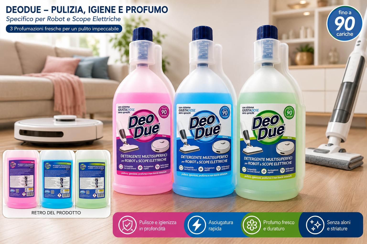Detergente Multisuperfici per Robot Lavapavimenti e Scope Elettriche 900 ml, Kit 3 Fragranze Assortite Verde Blu Rosa, Compatibile con Tutti i Brand, Asciugatura Rapida, 3 Flaconi