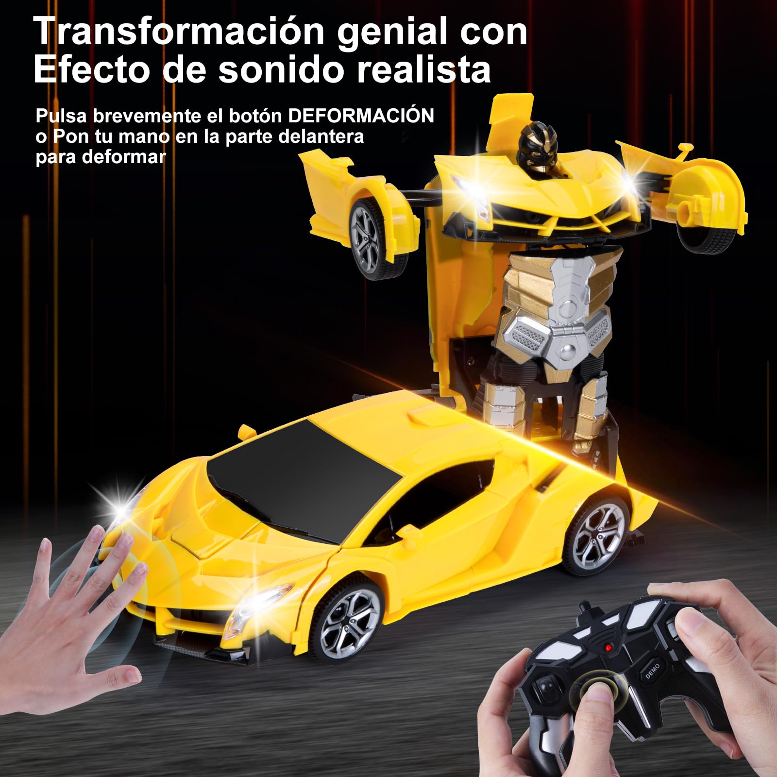 Yellcetoy Transform Juguete Coche Teledirigido, Coche Robot con el Gesto de la Mano Sening Luz Intermitente Música y Efecto de Sonido, Transformador RC Car con Baterías para Niños 3-10 Años Amarillo