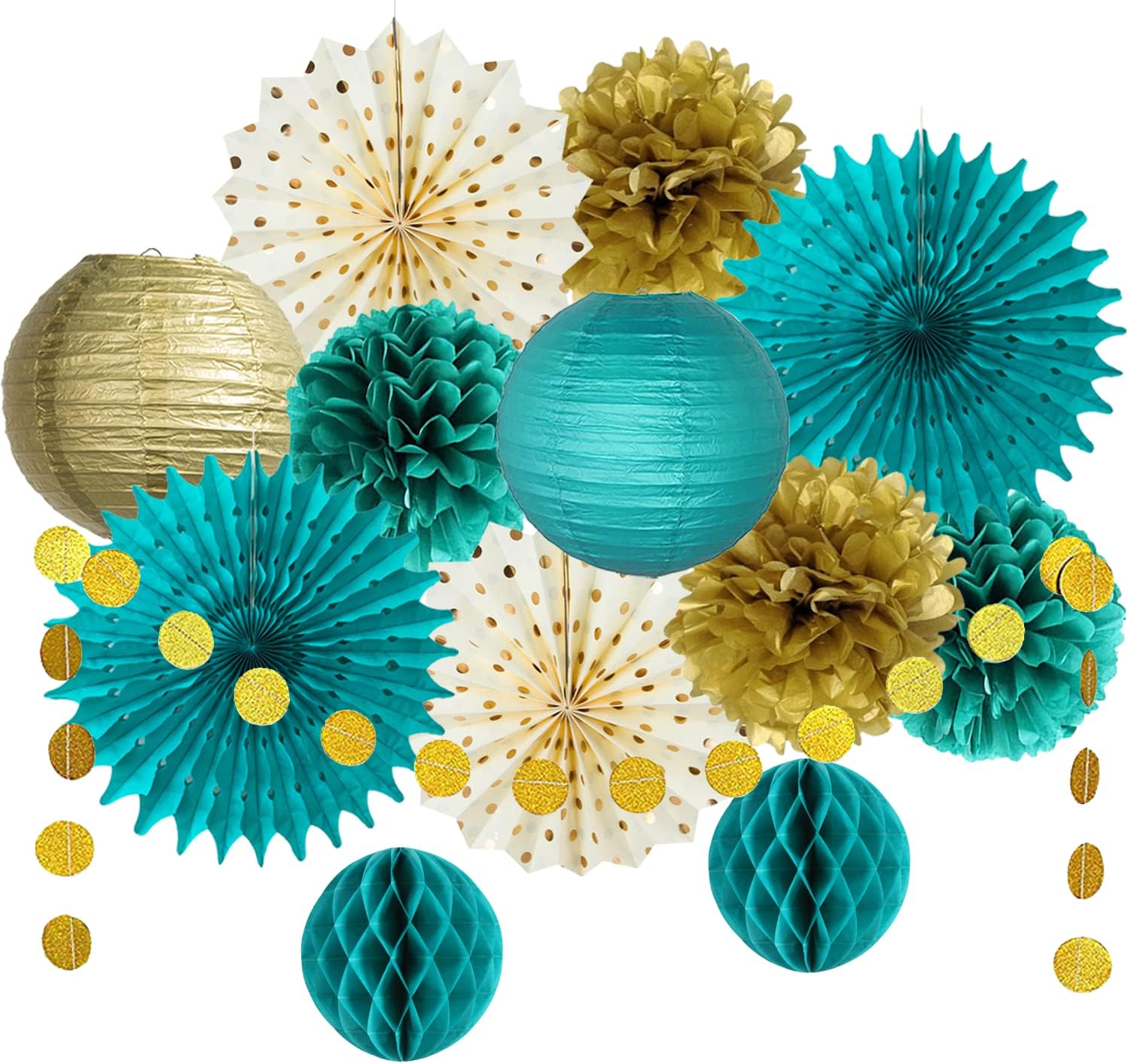 Teal Blue and Gold Party Decoration Tissue Pom Poms Flowers