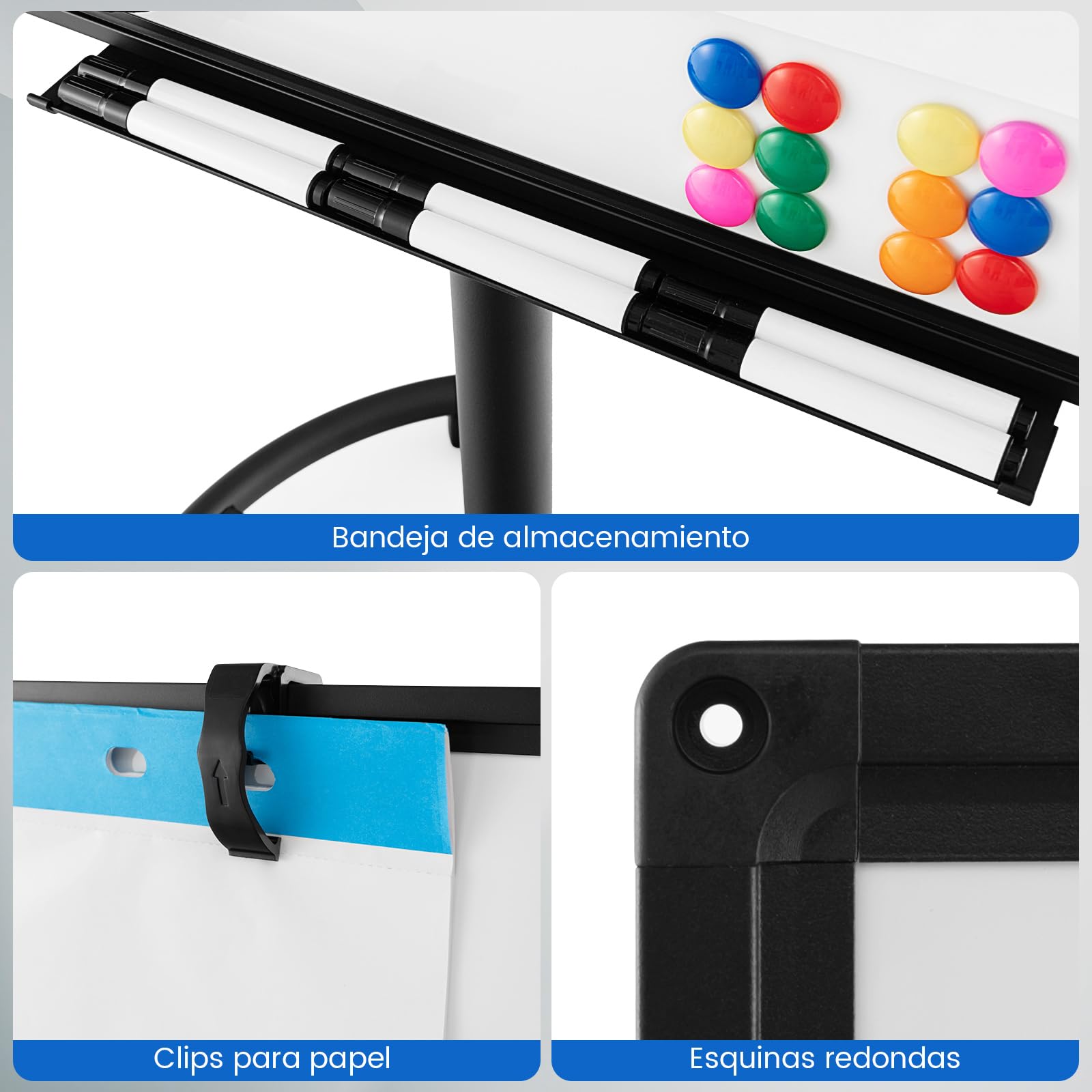 COSTWAY Pizarra Móvil 100x65 cm, Pizarra Blanca Magnética Ajustable Altura y Ruedas, Pizarra Blanca con Clips de Papel y Bandeja, Bloc de Notas de 25 Hojas, Imanes, Marcadores y Borrador (negro)