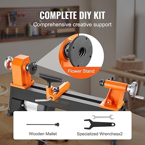 Miniatura 6 de VEVOR Torno de madera de sobremesa, 10 pulgadas x 18 pulgadas, 0.5 HP 370 W, máquina de torneado de madera de potencia de 5 velocidades variables