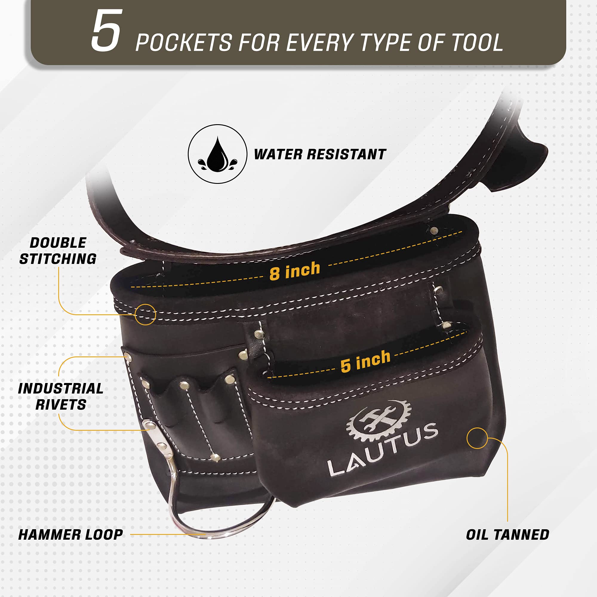 LAUTUS 5 Pocket Oil Tanned Tool Belt/Pouch/Bag/Apron Carpenter, Construction, Framers, Handyman, Electrician - Image 3