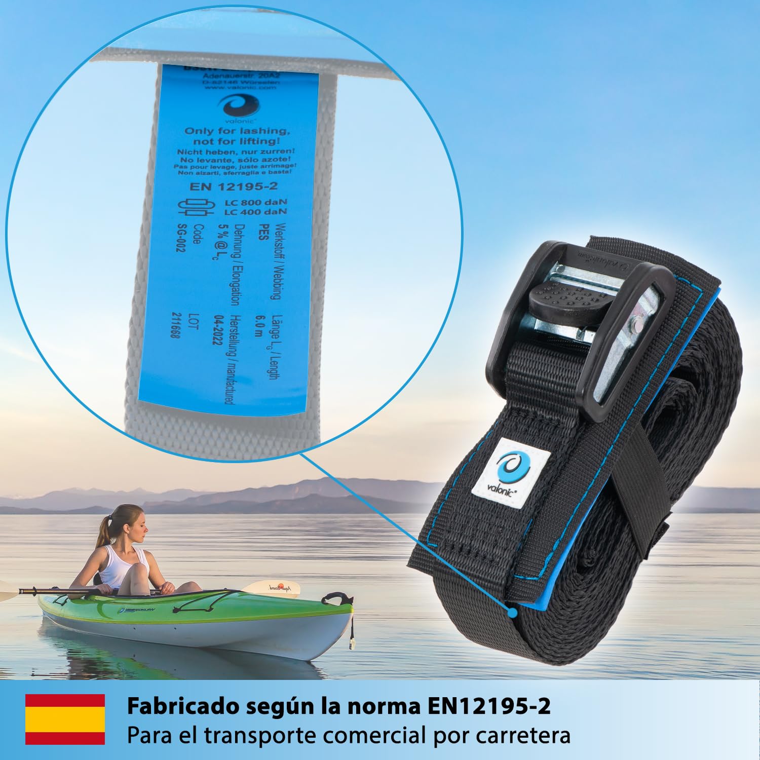 valonic Dolphin - 2X 6m XL cincha de Amarre con Cierre de apriete, 35mm, 800 Kg, Acolchada, EN-12195-2 - Negro, Correa de Amarre para Tabla de Paddle Surf o Kayak