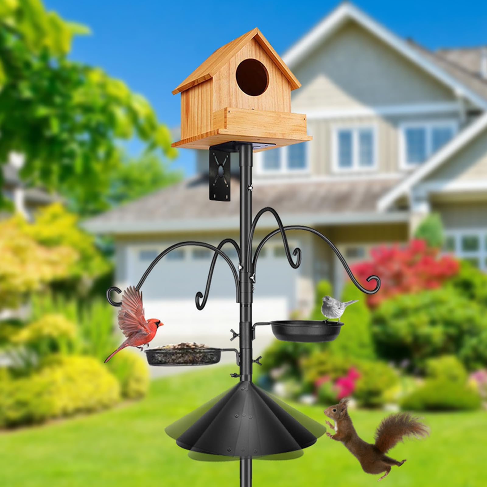 Supporto per mangiatoia per Uccelli in Metallo con Riparo in Legno e 5 Piattaforme sospese per Decorazioni da Giardino Esterno Supporto per mangiatoia per Uccelli Resistente alle intemperie